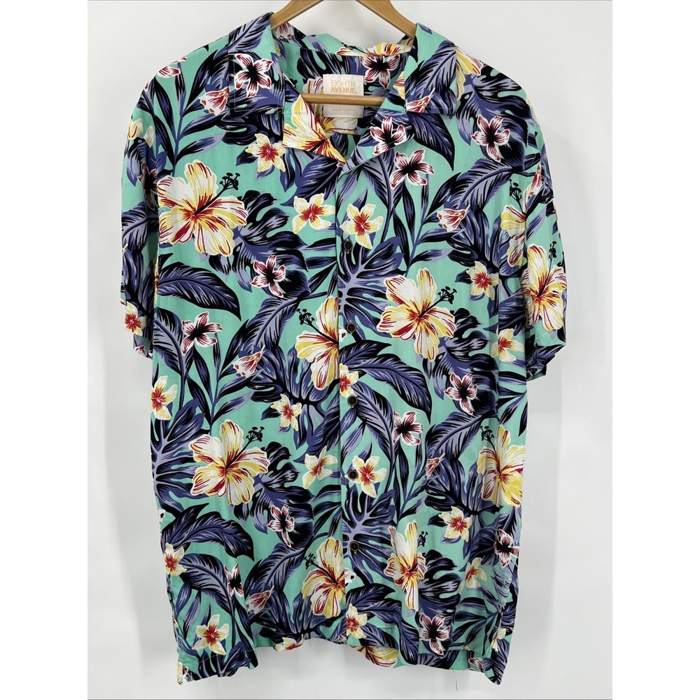 Eighth Avenue‎ Hawaiian Teal with Yellow & Blue Flowers Shirt in Men's Size XL